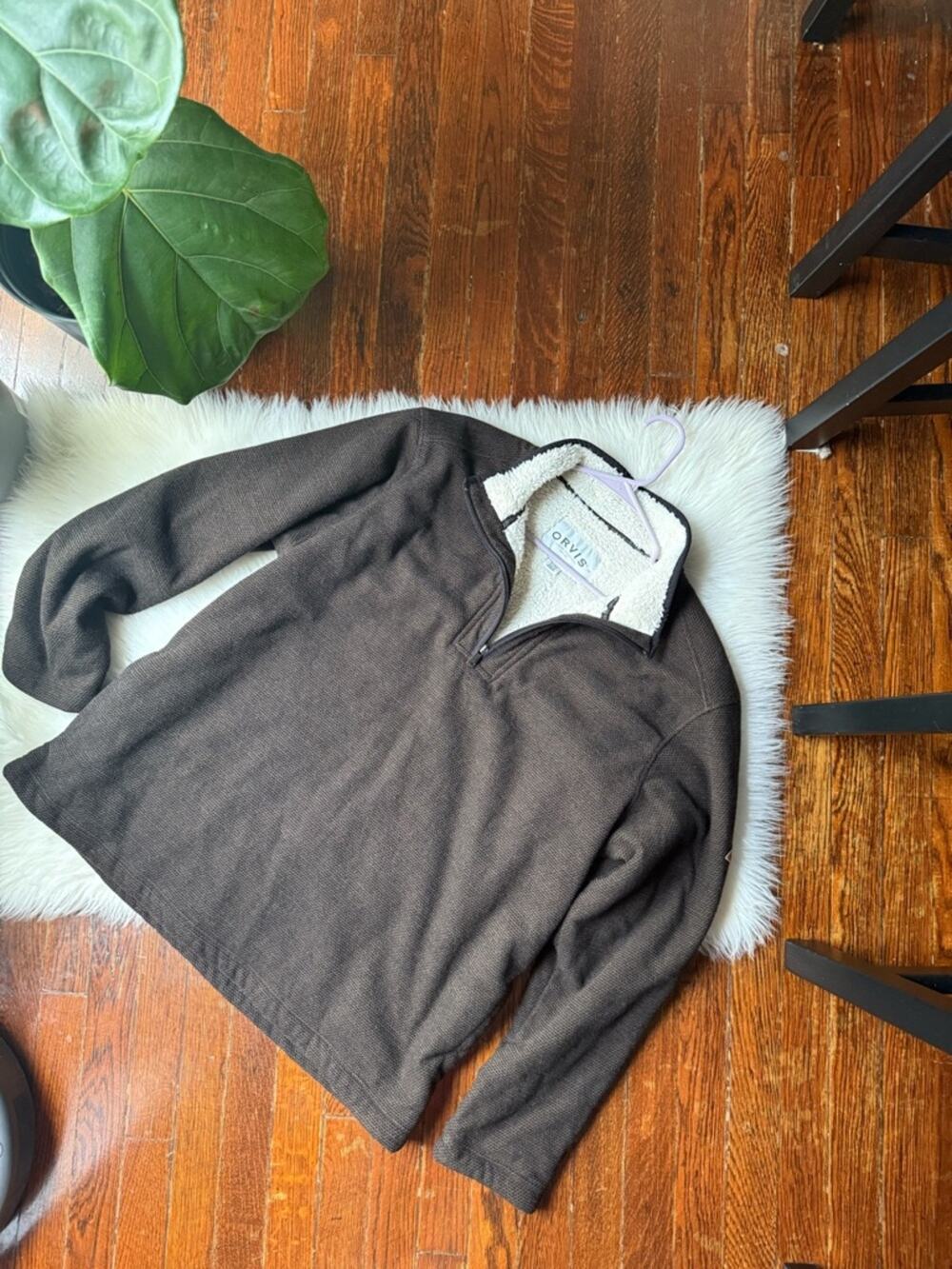 Orvis Quarter Zip Brown Knit Sweater with Sherpa lining